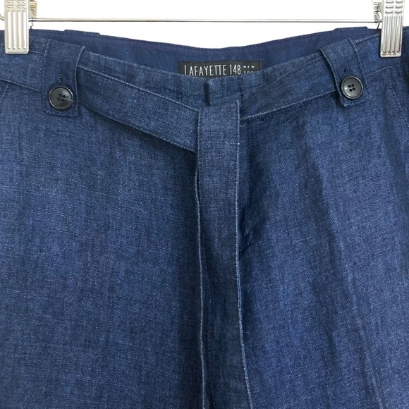 LAFAYETTE 148 Straight Wide Leg Linen Pants Deep Blue Belted - Picture 3 of 6